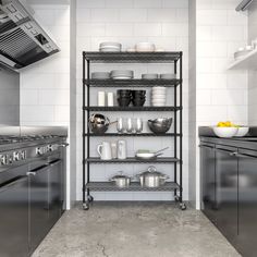 an industrial style kitchen with stainless steel shelving