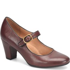 Leslie | Sofft Shoe Brown High Heel Mary Janes For Formal Occasions, Formal Brown High Heel Mary Janes, Classic Mary Janes For Work With Ankle Strap, Formal Mary Janes With Buckle Closure, Formal High Heel Mary Janes With Leather Sole, Elegant Brown Closed Toe Mary Janes, Leather High Heel Mary Janes For Formal Occasions, Brown Mary Janes With Buckle For Work, Brown Mary Janes With Buckle Closure For Work