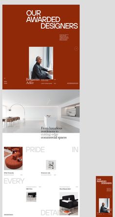 the homepage design for an interior and furniture store is shown in red, white and black