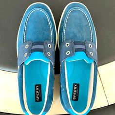 Never Worn Navy And Turquoise No Tie Topsiders. Blue Slip-on Boat Shoes With Rubber Sole, Blue Low-top Leather Boat Shoes, Blue Leather Low-top Boat Shoes, Casual Blue Suede Boat Shoes, Blue Suede Boat Shoes With Round Toe, Blue Boat Shoes With Round Toe And Branded Insole, Casual Blue Slip-on Boat Shoes, Sperry Shoes Men, Navy And Turquoise