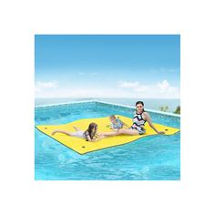 a woman and child are in the water on an inflatable floatie mat