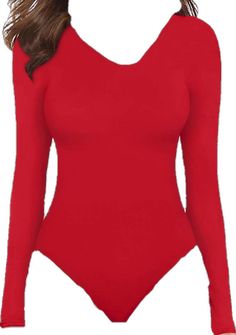 Fitted Red V-neck Bodysuit, Red Fitted V-neck Bodysuit, Red Long Sleeve Fitted Bodysuit, Red Fitted Long Sleeve Bodysuit, Red Long Sleeve Bodysuit, Red Long Sleeve, Royal Red, Long Sleeve Bodysuit, Lady In Red