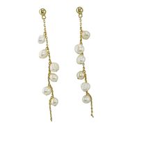 Freshwater pearls wrapped on silver gold plated chain are perfect for the everyday. Elegant Wire-wrapped Yellow Gold Pearl Earrings, Elegant Yellow Gold Wire Wrapped Pearl Earrings, Elegant Gold Wire Wrapped Jewelry, Elegant Pearl Earrings With Pearl Chain, Gold Pearl Jewelry With Beaded Chain, Elegant Dangle Gold Chain Jewelry, Elegant Gold Chain Dangle Jewelry, Formal Wire Wrapped Pearl Jewelry, Gold Dangle Pearl Earrings With Pearl Chain