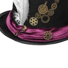 a black top hat with gears and feathers on it