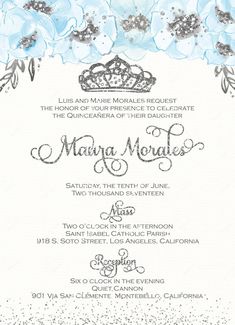 a wedding card with blue flowers and a tiara on the front, in silver glitter