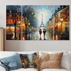 three paintings of people walking in the rain with an umbrella and eiffel tower behind them