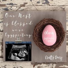 a birth announcement with an egg in a nest and a baby's photo next to it