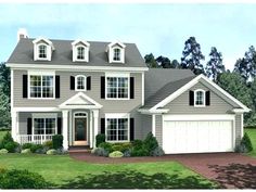 a two story house with black shutters and white trim