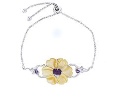 Pacific Style™ 25x25mm Carved Yellow Mother-Of-Pearl With 0.97ctw Multi-Shaped Purple Amethyst & 0.14ctw Round White Zircon Rhodium Over Sterling Silver Flower Bolo Bracelet. Measures Approximately  7.25-9"L x 0.96"W. Adjustable Slide Closure. Yellow Flower-shaped Formal Jewelry, Formal Yellow Flower-shaped Jewelry, Yellow Flower Shaped Jewelry For Formal Occasions, Elegant Yellow Flower Bracelets, Elegant Yellow Flower Bracelet, Formal Flower Shaped Polished Jewelry, Silver Jewelry With 17 Jewels In Flower Shape, Purple Flower-shaped Formal Jewelry, Bolo Bracelet