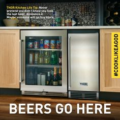 there is a refrigerator that has beer in it and the words beers go here are written below