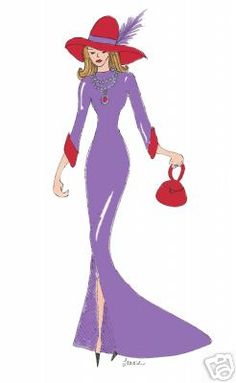 a drawing of a woman in a purple dress and hat holding a red handbag