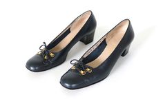 "Vintage Ferragamo Shoes Square Heels Square Toes Navy Blue Gold Bow Buckles Size 9 --- M E A S U R E M E N T S --- Marked a size 9 A3 Insoles: 10.25\" Width:  3\" Label/Era: Salvatore Ferragamo / 1980s Condition: Excellent, Minimal wear from use.  ★ Visit the Shop: http://www.etsy.com/shop/TheVintageMistress?ref=si_shop ★ Please read all the information in my \"FAQs\" sections as it applies to orders placed with my shop. Due to monitor differences, actual colors may vary from what appears online." Vintage Ferragamo, Square Heels, Ferragamo Shoes, Cute Shoes, Salvatore Ferragamo, Blue Gold, Bleu Marine, Shoes Women Heels, Shoes Heels