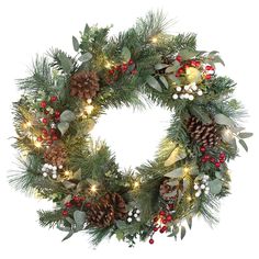 a christmas wreath with pine cones, berries and greenery on the front is lit up