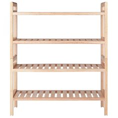 a wooden shelf with three shelves on each side