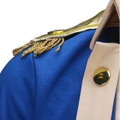 the back of a man's blue jacket with gold trimmings and buttons