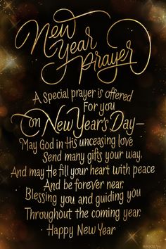 a happy new year message with gold lettering on a black and brown background, surrounded by stars