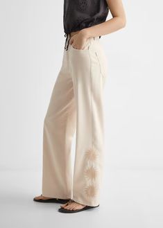 Embroidered cotton pants - Teenage girl | Mango Teen USA Casual Wide-leg Pants With Floral Embroidery, Spring Cotton Wide Leg Pants, Casual Pants With Floral Embroidery, Beige Cotton Pants With Floral Embroidery, Casual Straight Pants With Floral Embroidery, Casual Floral Embroidered Trousers, Embroidered Straight Leg Summer Bottoms, Embroidered Straight Leg Bottoms For Summer, Summer Embroidered Straight Leg Bottoms