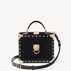 Lion Trunk in Black Velvet & Croc with Studs | Aspinal of London Gold Chain Handbag, Trunk Design, Round Straw Bag, London Bags, Backpack Pattern, Chocolate Leather, The Trunk, Patterned Backpack, Croc Print