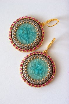 Bead Embroidered Earrings Turquoise Porcelain by ZuziHake on Etsy Festive Turquoise Beaded Earrings, Elegant Turquoise Beaded Gems And Cabochons, Handmade Gold Beads And Cabochons For Jewelry Making, Turquoise Beaded Round Earrings, Bohemian Gold Round Beads, Gems, And Cabochons, Pink Round Jewelry With Bead Caps, Silver Beaded Gems And Cabochons, Gold Beaded Pendant Earrings, Turquoise Jeweled Jewelry For Gift