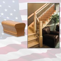 an american flag is in the background next to a stair case and leather chair with a potted plant on it