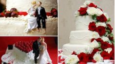 a wedding cake with red and white flowers on the side, and a bride and groom standing next to each other