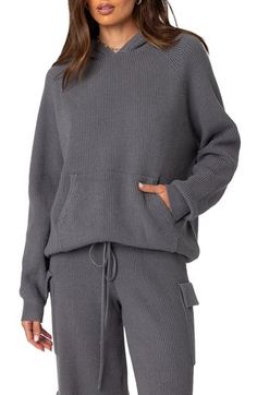 Level-up your laid-back look in a hooded sweater that's softly ribbed and knit to a relaxed fit. Fixed hood Long sleeves Kangaroo pocket 50% polyester, 50% rayon Machine wash, dry flat Imported Cozy Pants, Oversize Knit, Knit Hoodie, Knit Pants, Knit Set, Hooded Sweater, Oversize Hoodie, Cotton Pants, Knit Jumper