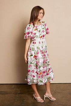 Magenta and pink embroidered modest midi dress-NEW – JanieLanie Feminine Midi Floral Embroidered Dress, Feminine Midi Floral Dress With Embroidery, Spring Floral Embroidered Midi Dress, Floral Embroidered Midi Dress For Spring, Feminine Floral Embroidered Midi Dress, Spring Midi Dress With Floral Embroidery, Feminine Midi Dress With Floral Embroidery, Floral Embroidery Midi Dress For Garden Party, Spring Floral Applique Midi Dress