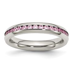 4mm Stainless Steel And Light Pink Cubic Zirconia Stackable Band October Pink, Stackable Bands, Bow Jewelry, Stainless Steel Polish, Cubic Zirconia Rings, Cz Ring, Ring Fit, Black Bow, Stainless Steel Rings