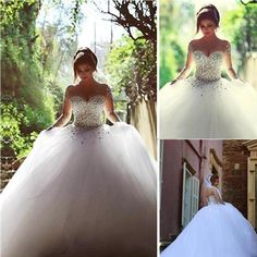 three pictures of a woman in a wedding dress and another photo of a woman in a ball gown