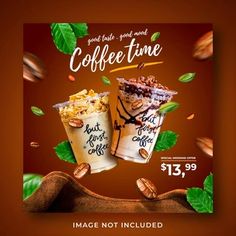 two ice cream sundaes with nuts and chocolate on them are in front of an advertisement for coffee time