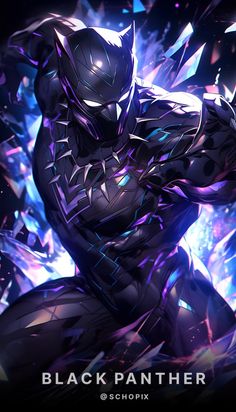 the black panther character is in front of an abstract background with blue and purple lights