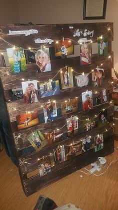 a wooden board with pictures and lights on it