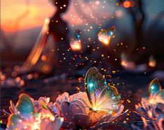 two butterflies flying over flowers in the water at sunset with fairy lights shining on them