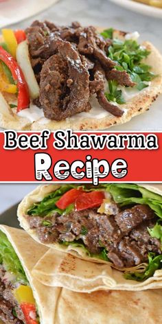 beef shawarma recipe with lettuce, peppers and onions in pita bread