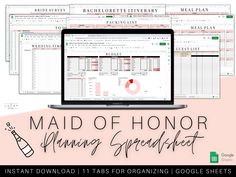 the maid of honor planner spreadsheet is displayed on a laptop screen and in front of three other spreadsheets