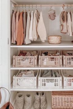 an organized closet with baskets and shoes