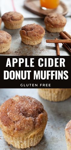 apple cider donut muffins with cinnamon sticks and orange juice in the background