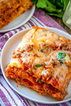 lasagna casserole on a white plate with text overlay that reads easy lasagna recipe