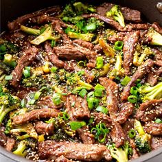 beef and broccoli stir fry in a skillet