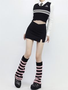 Material: Knit cotton Color: Black pink, Black white Trendy Black Cotton Knee-high Socks, Y2k Black Bottoms For Winter, Casual Black Knee-high Socks For Streetwear, Fitted Pink Knee-high Socks For Fall, Casual Black Knit Bottoms, Fall Season Pink Stretch Knee-high Socks, Trendy Black Winter Bottoms, Black Stretch Thigh High Leg Warmers, Black Stretch Thigh-high Leg Warmers