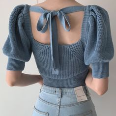 Hollow Sweater, Puff Sleeve Sweater, Cozy Tops, Halter Strap, Sleeves Clothing, Knitted Tops, Looks Chic, Puff Sleeve Top, Looks Vintage