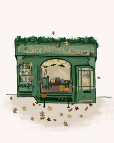 a drawing of a store front with autumn leaves on the ground