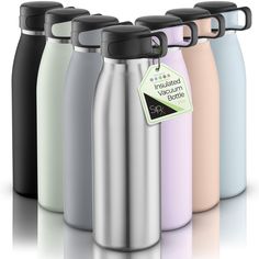 thermos bottles are lined up in different colors and sizes, with a price tag on each one