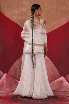 Off-white kurta featuring golden sequin, bead, dori and aari embroidery. Paired with a gharara and an embroidered hem sheer dupatta. - Aza Fashions White Georgette Sharara For Wedding, White Sharara For Diwali Reception, White Floor-length Sharara With Sheer Dupatta, White Sharara For Reception And Diwali, White Georgette Sharara With Cutdana, Off White Sharara With Dupatta In Georgette, Off White Georgette Sharara With Dupatta, White Sharara With Sheer Dupatta For Eid, Off White Sharara With Sheer Dupatta For Reception