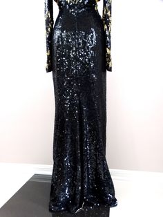 "This is a STUNNING vintage gown from couture designer, Stephen Yearick! It is heavily and fully embellished with sequins, glass beading and crystal rhinestones.. the details are ABSOLUTELY AMAZING It's in PERFECT condition! Measurements: Bust - 32/34\" Waist - 26/28\" Hips - 36/38\" Length - 60\" in the front / 63\" in the back All of my items come from a smoke-free home. If you would like more info or have any questions, please don't hesitate to ask!" Holiday Evening Gown With Contrast Sequin, Evening Gown With Sequins, Full Length, Sequined Full-length Evening Gown, Sequined Full Length Evening Gown, Full Length Sequin Evening Gown, Embellished Floor-length Sequin Evening Dress, Gala Evening Floor-length Sequin Fabric, Floor-length Embellished Sequin Evening Dress, Floor-length Sequin Fabric For Evening Gala