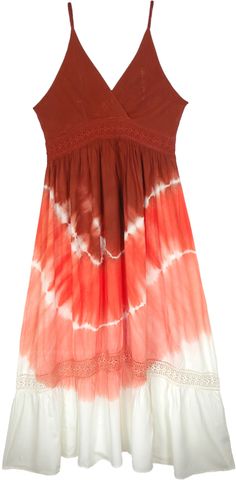 A fun and flowy sleeveless rayon maxi dress with shoulder straps, a beautiful tie-dye effect, an overlapping V-shaped neckline and lace details - all that you can ask for in an exotic summer dress.  This beautiful maxi dress flows effortlessly and gracefully. #tlb #Sleeveless #Lace #vacationclothing #beachwrap #TieDye #SummerMaxiDress #Rayonmaxidress #Tiedyeddress Summer A-line Maxi Dress With Lace Trim, Flowy Rayon Maxi Dress For Summer, Red Sleeveless Dress With Flowy Skirt, Flowy Lace Trim Maxi Dress For Summer, Bohemian Maxi Dress With Spaghetti Straps And Lace Trim, Bohemian Sundress With Lace Trim For Summer, Red Flowy Skirt Dress For Summer, Sleeveless Tie Dye Bohemian Dress, Tie Dye Bohemian Sundress