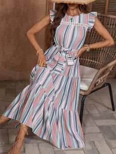 Color : MulticolorStyle : CasualDetails : Ruffle, Ruffle Hem, BeltedType : A LinePattern Type : StripedSleeve Length : Cap SleeveNeckline : Round NeckSleeve Type : Flounce SleeveWaist Line : High WaistHem Shaped : Layered/Tiered, FlounceLength : LongFit Type : Regular FitFabric : Non-StretchMaterial : FabricComposition : 53% Viscose, 34% Polyester, 13% CottonCare Instructions : Machine wash or professional dry cleanSheer : No Size US Belt Length Bust Length Shoulder Sleeve Length Waist Size S 4 70.9 37 49.2 13.4 2.4 26-37.8 M 6 72.4 38.6 49.6 13.8 2.4 27.6-39.4 L 8/10 74.8 40.9 50 14.2 2.4 29.9-41.7 XL 12 77.2 43.3 50.4 14.6 2.4 32.3-44.1 Striped Sleeveless Maxi Dress With Ruffles, Sleeveless Striped Maxi Dress With Ruffles, Chic Multicolor Ruffle Sleeve Dress, Casual Ruffle Sleeve Maxi Dress For Vacation, Bohemian Midi Dress With Ruffle Sleeves, Multicolor Ruffle Sleeve Dress For Vacation, Multicolor Ruffled Maxi Dress For The Beach, Multicolor Ruffled Maxi Dress For Beach, Multicolor Ruffle Sleeve Summer Dress