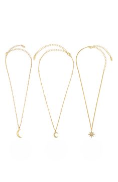 Bring a touch of celestial sparkle to your look with this set of three pendant necklaces perfect for layering together or wearing separately. Set of three necklaces 14" to 16" length; 5" extenders 3/8", 1/2" moon & star diameters, large moon 7/8" drop, 1/4" width Lobster clasp closures 18k-gold plate/glass Imported Celestial Necklace With Delicate Chain, Adjustable Delicate Celestial Chain Necklace, Sisters Necklace, Celestial Pendant, Three Necklaces, Sister Necklace, Best Friend Necklaces, Sun Moon Stars, Friends Set