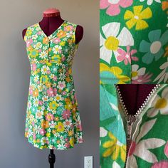 "Vintage 1960s Mini Mod dress with a groovy floral. Sleeveless, with an empire waist, and three buttons at front.  This dress a metal SOK zipper at center back, and serged hem and seams. 100% Cotton Condition:  very good vintage condition, an overall light fade of the cotton, a few tiny stains near back waist (see last pic)  Labels/tags: S, (vintage sizing, please see measurements below) Measurements: taken flat -bust from pit to pit ~34\" but best for 32\" and under.  -shoulders 12.25\" -waist at under-bust seam 27\" tight -hip 19\" seam to seam taken 24\" down from shoulder -overall length 31\"  *To ensure a great fit, we recommend comparing the measurements above to a similar garment you own and love to wear, as sizing varies across the decades.  *If ordering more than one item, I will Empire Waist Dress Vintage, Vintage Sleeveless Mini Dress With Floral Print, Vintage Sleeveless Mini Dress, Vintage Sleeveless Lined Mini Dress, Sarah Aesthetic, 1960s Dresses, Kilt Skirt, Mod Vintage, 60s Mod