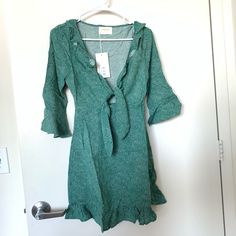 Brand New With Tag Size Xs Price Firm Ready To Ship. Green Mini Sundress For Brunch, Flowy Green Mini Dress For Brunch, Casual Green Brunch Dress, Green Casual Dress For Brunch, Casual Green Dress For Brunch, Green Mini Dress For Spring Day Out, Spring Green Mini Dress For Day Out, Green Fitted Sundress For Day Out, Green Mini Dress With Ruffle Hem For Brunch